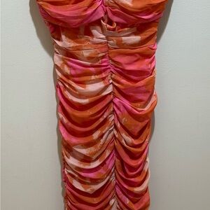 Vibrant Strapless Ruched Dress in Pink and Orange